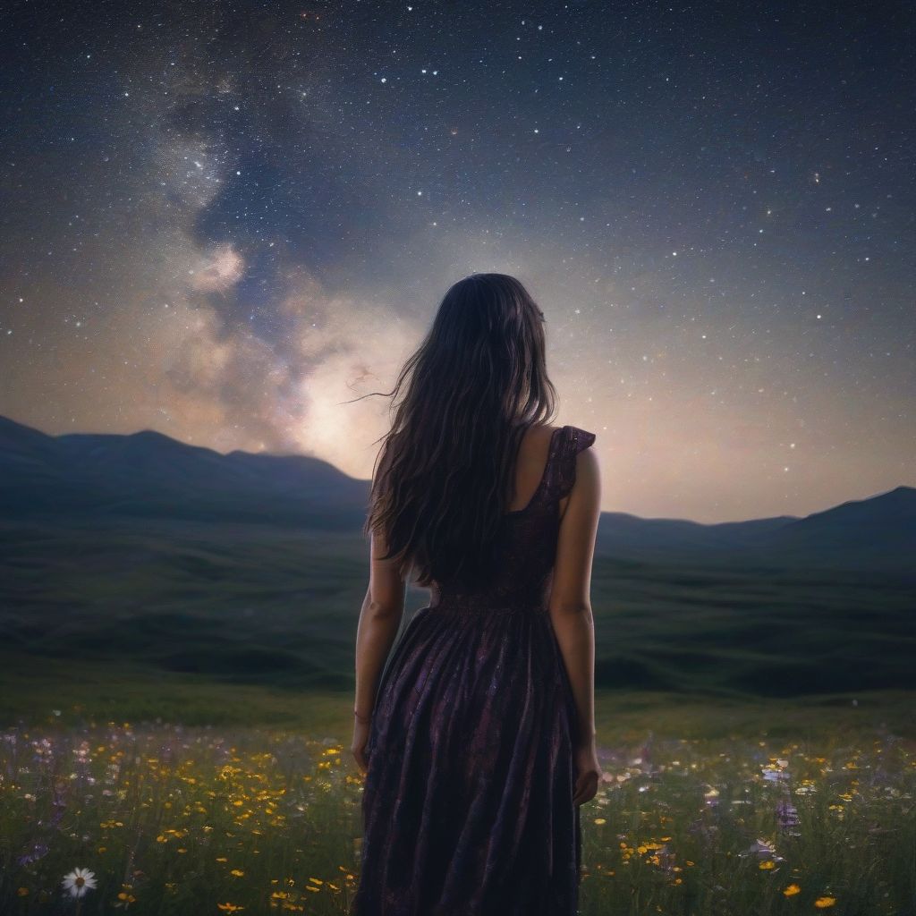 Woman tilting her head up to look at a starry sky